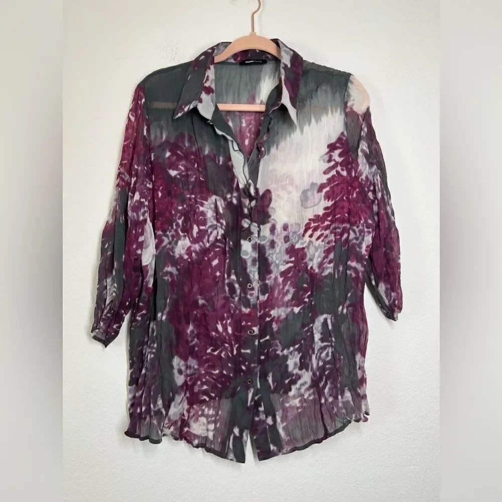 Frank Walder Shifon Floral Print Blouse Tunic Button up size XL